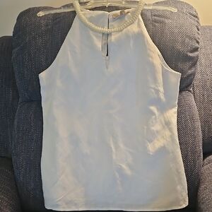 White Sleeveless Tank Top with Keyhole Detail And Pearls. Medium